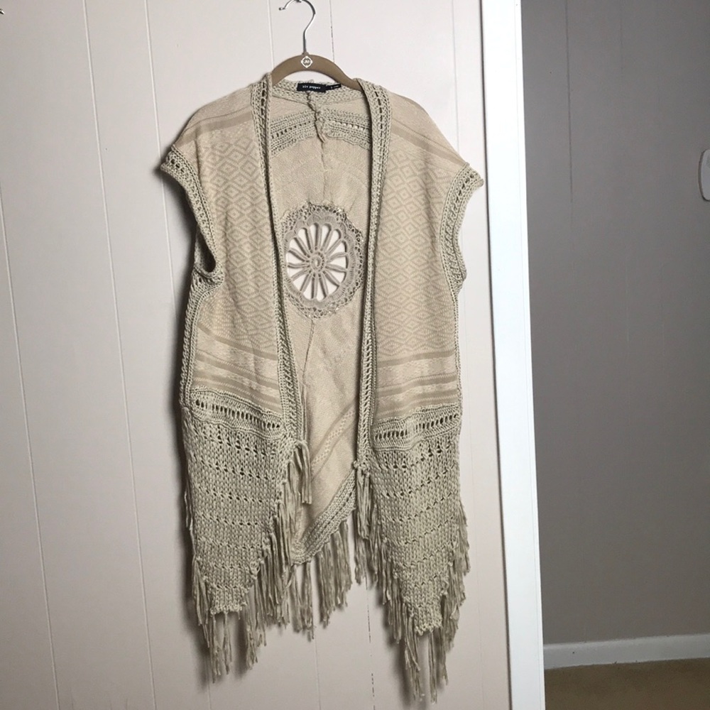 Tan Knit Kimono with Fridge Detailing